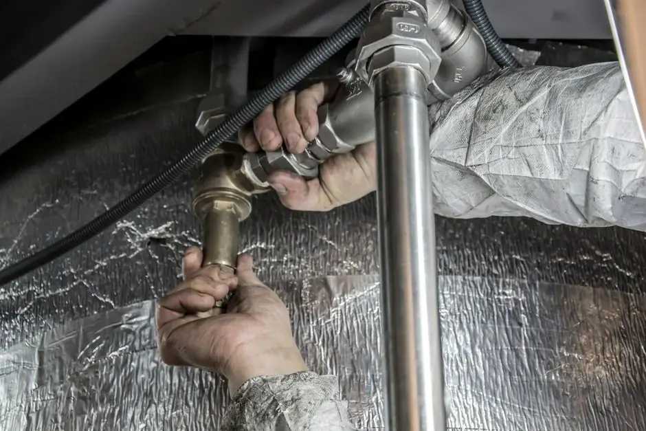 Hands checking a water pipe fitting under a raised floor lined with foil insulation