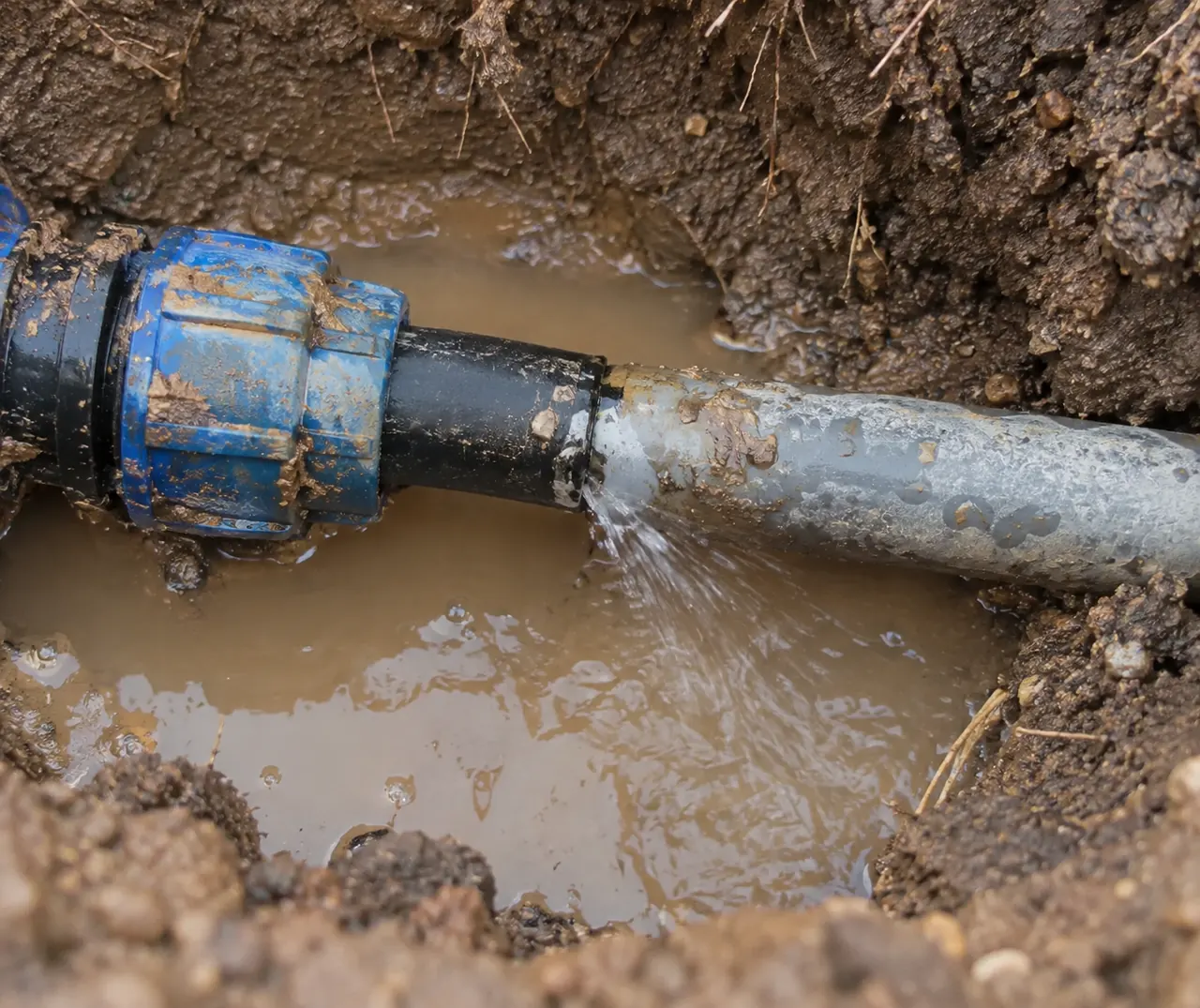 Water escaping from a buried pipe at a fitting inside an excavated leak-detection pit